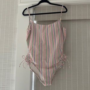J Crew one piece swimsuit, striped bathing suit.
